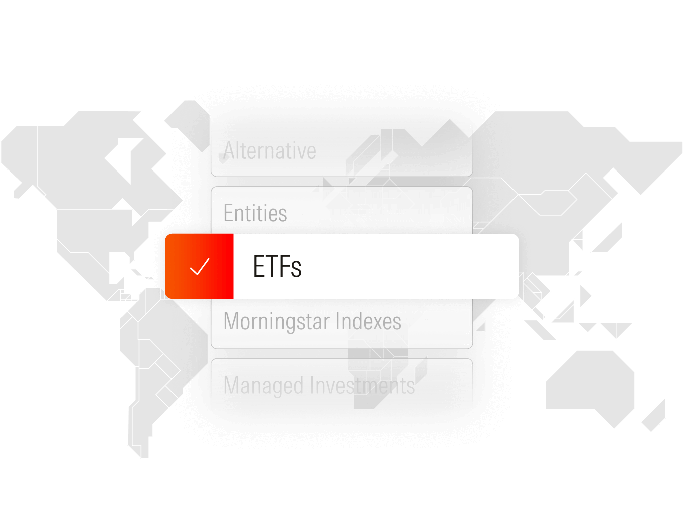 Covered asset classes and investment vehicles, including alternatives, entities, ETFs, Morningstar indexes, and managed investments.