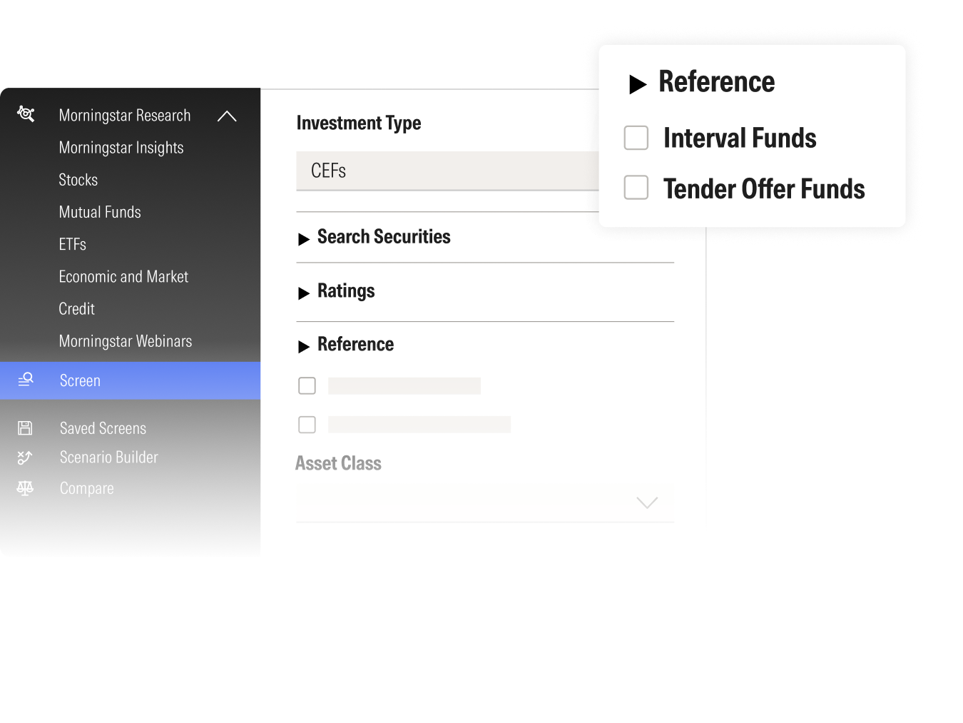 Morningstar interface showing menu options and a screening panel for CEFs with filters for securities, ratings, and reference options like Interval Funds and Tender Offer Funds.