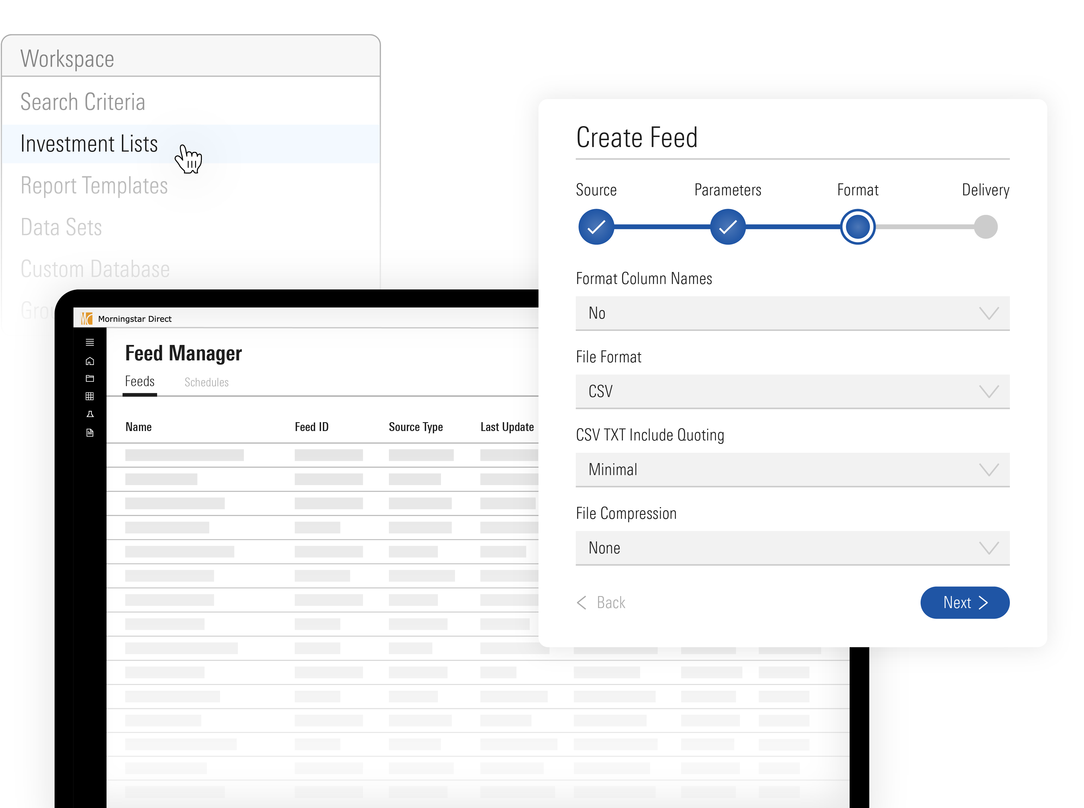 An illustration of Morningstar data feeds, showing the Create Feed module, Morningstar Direct workspace, and workspace options.