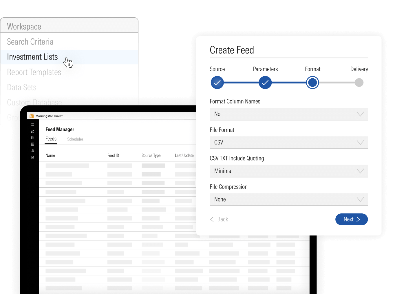An illustration of Morningstar data feeds, showing the Create Feed module, Morningstar Direct workspace, and workspace options.