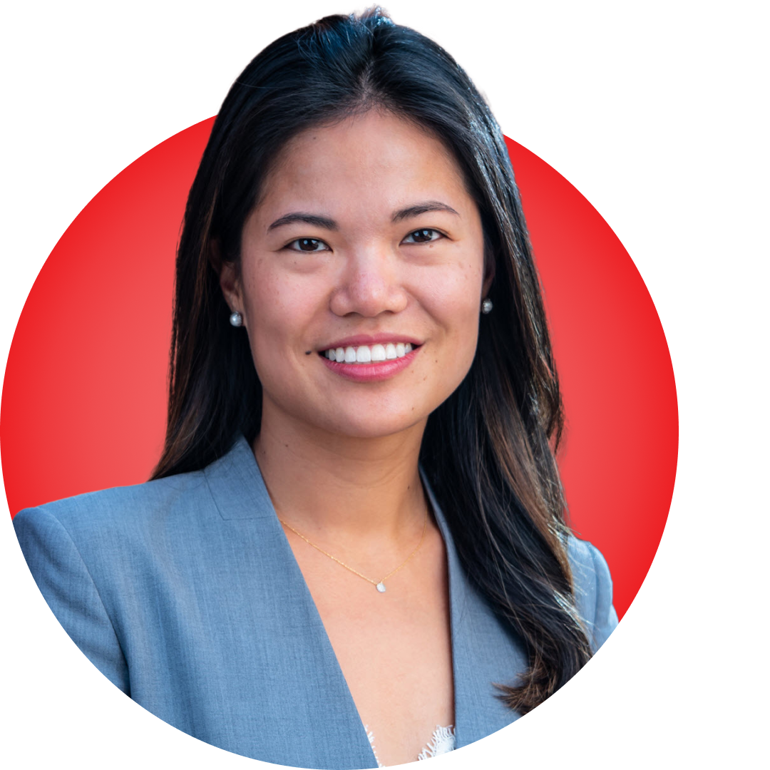 Headshot of Ling Wei Hew on a red circular background.