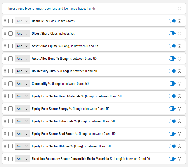 Advanced search for real asset strategies in Morningstar Direct. Filtering by sector and asset class allocations.
