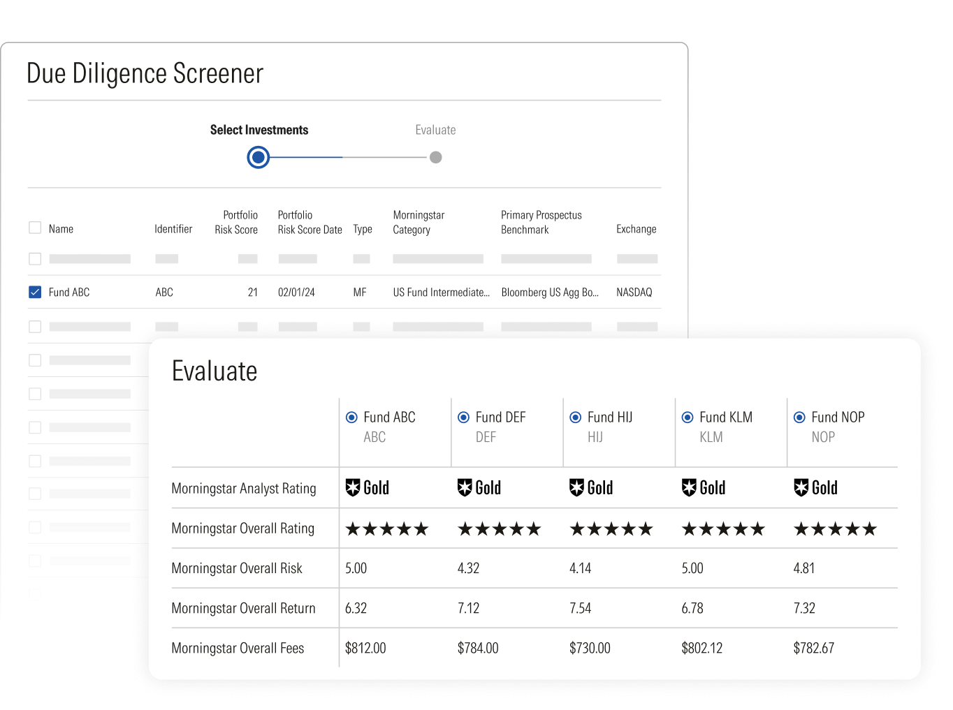 An illustration of the Due Diligence Screener, comparing five funds side by side. The tool shows differences in risk, return, and fees across options.