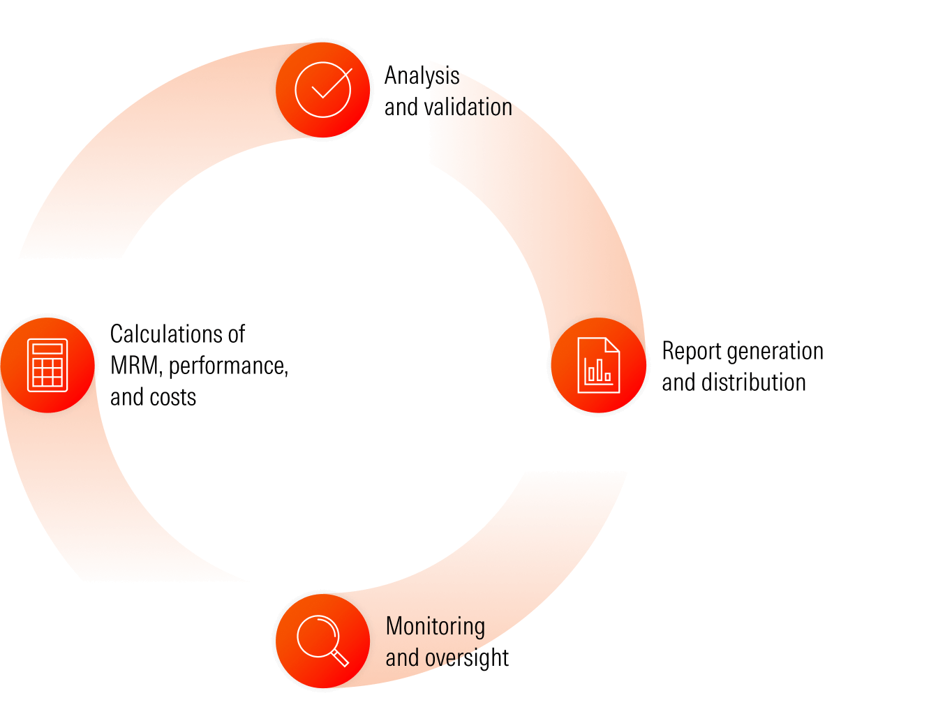 This chart describes the activities in the regulatory guidelines process: Analysis and validation, Report generation and distribution, monitoring and oversight, and calculations of MRM, performance, and costs.