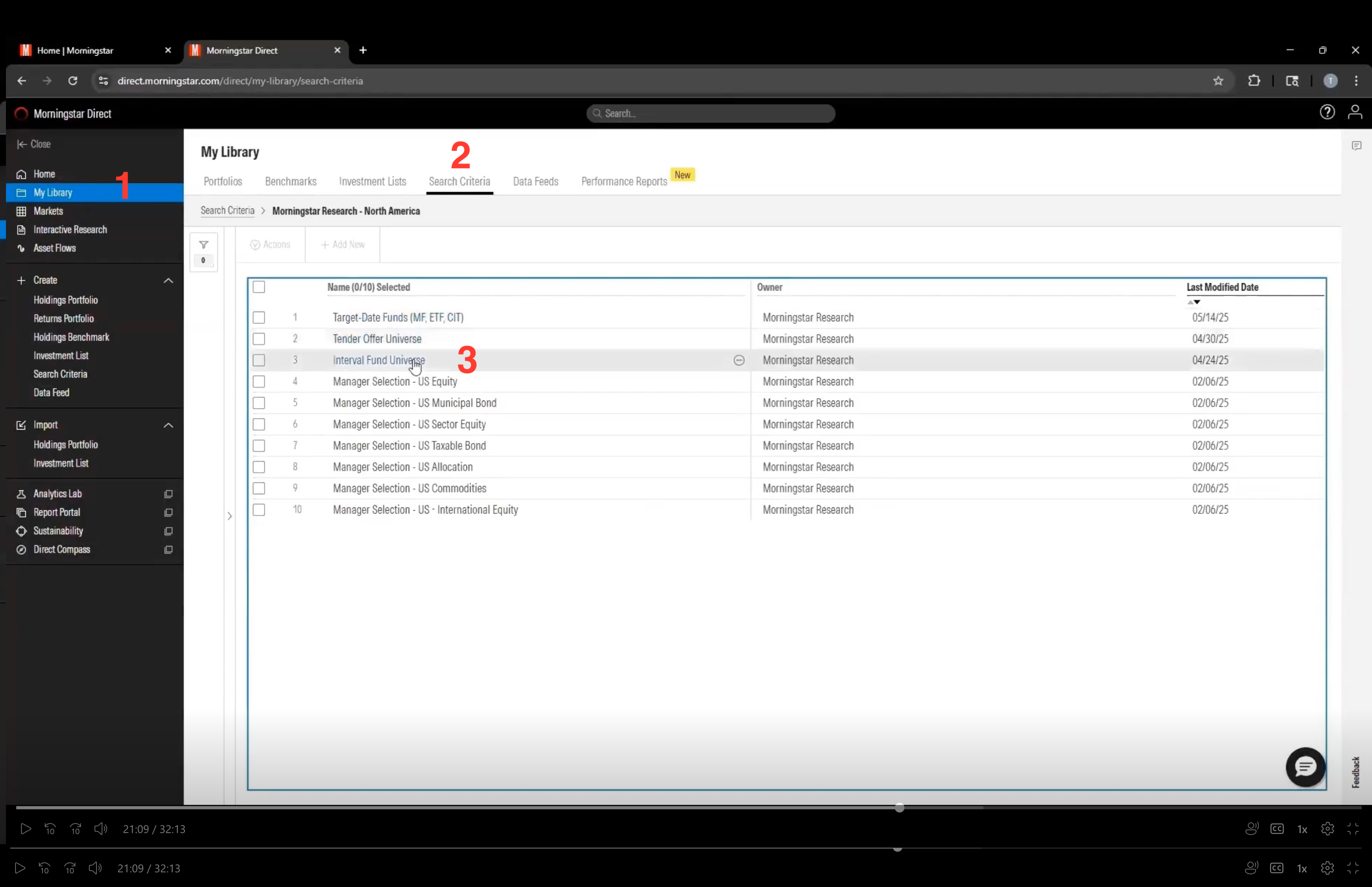A demo view inside the Morningstar Direct Dashboard describing the steps to find the Interval Fund universe and ratings information inside the platform.