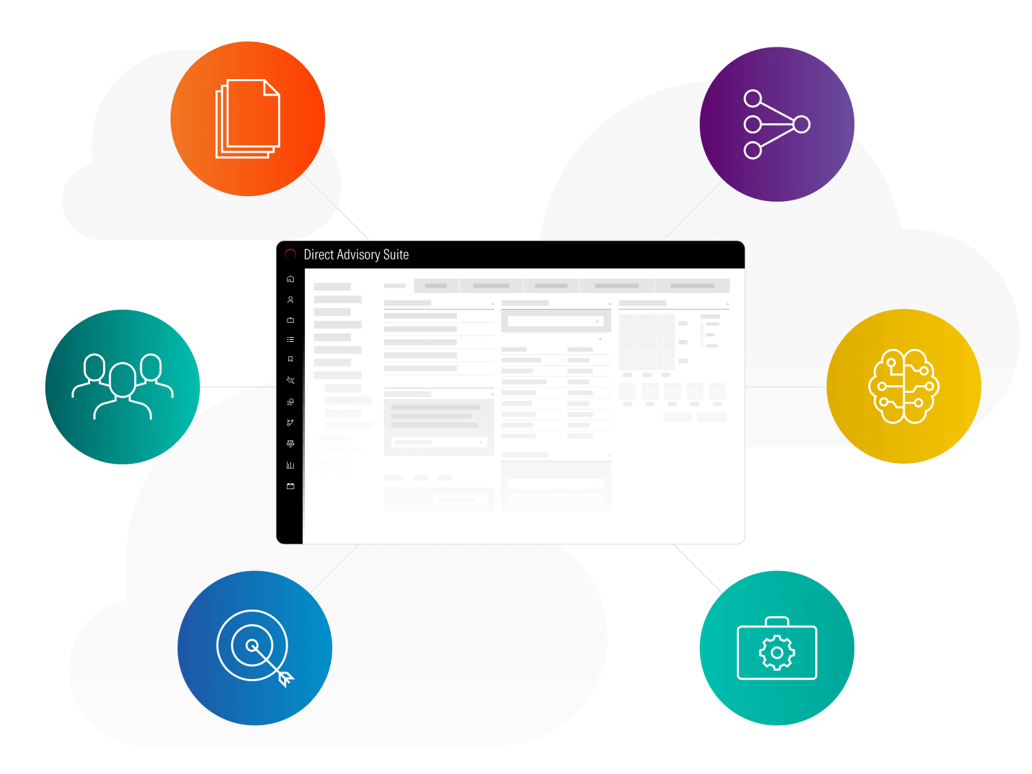 An illustration showing a Direct Advisory Suite interface surrounded by decorative icons.
