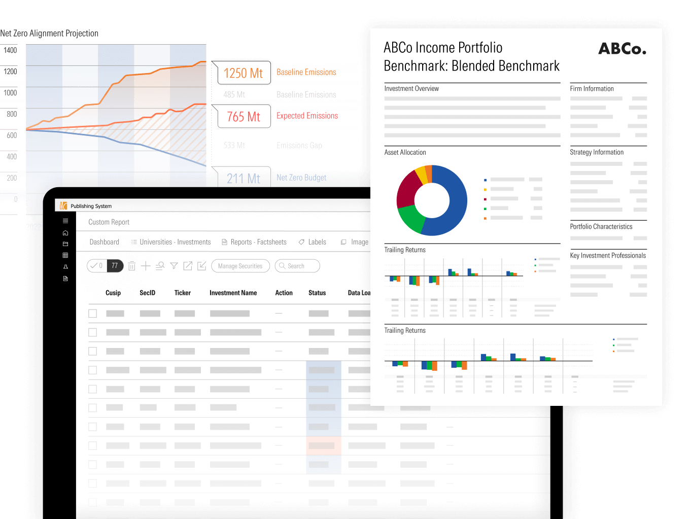 An illustration of Publishing System showing a custom report dashboard, an income portfolio benchmark report, and a net zero alignment projection graph. 