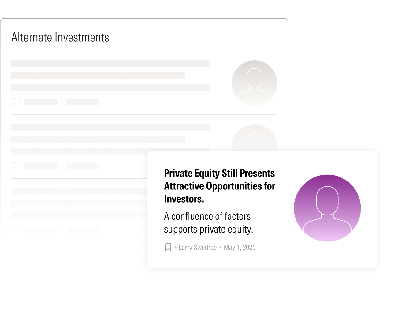 Blank example search results page for Alternative Investments content with one example piece of content from Larry Swedroe titled, "Private Equity Still Presents Attractive Opportunities for Investors."
