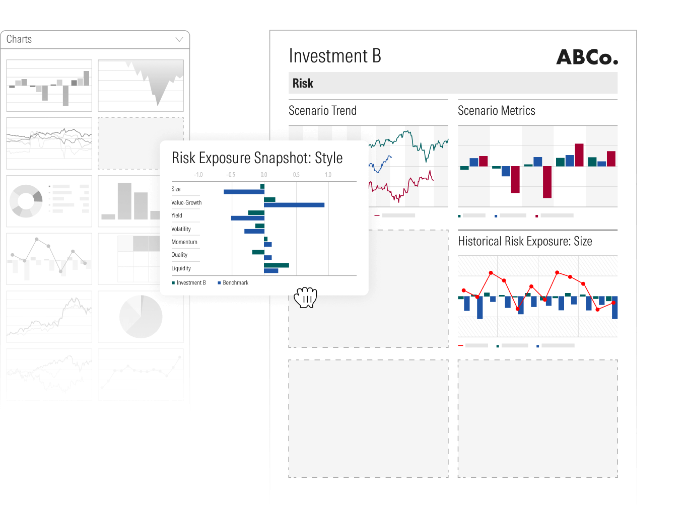 An illustration of drag-and drop charts in Presentation Studio, featuring a dozen chart design options.