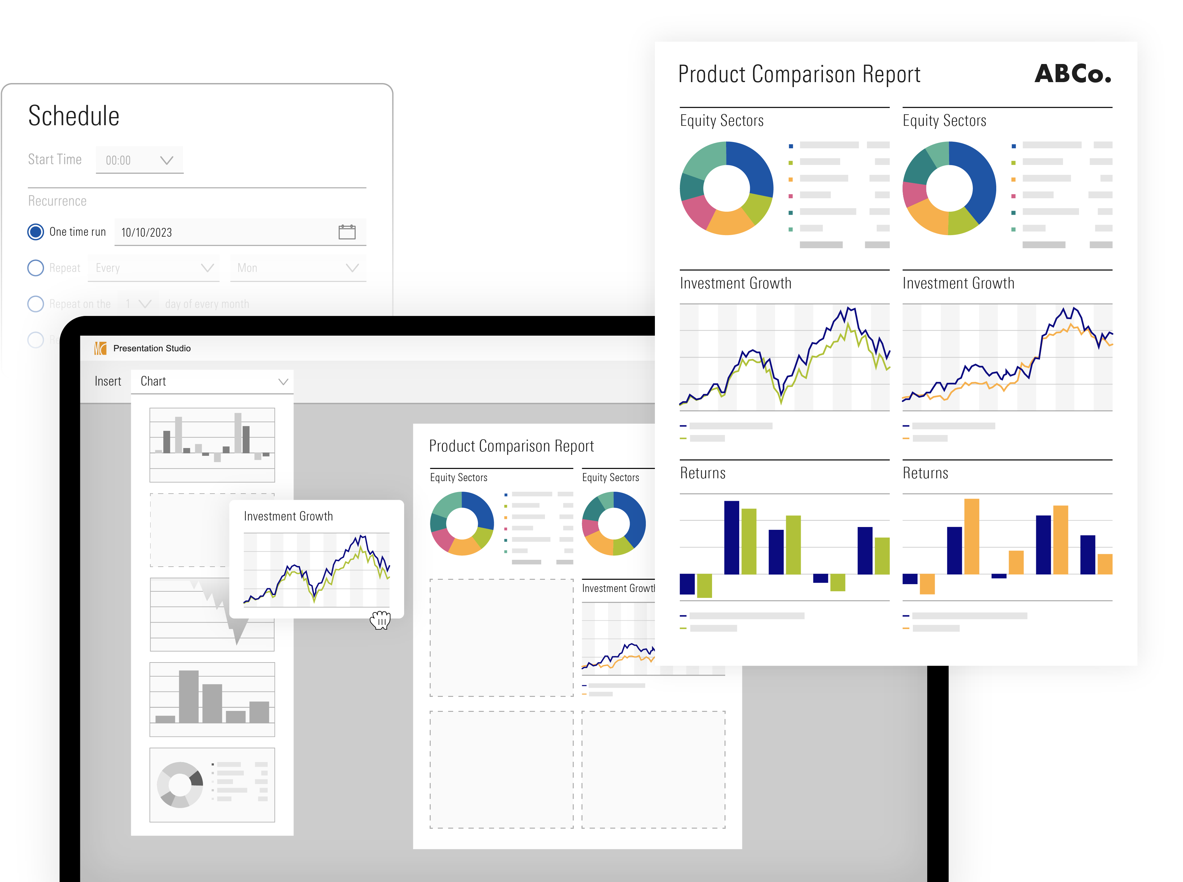 An illustration demonstrating an investment product comparison report generated with Morning Direct Presentation Studio.