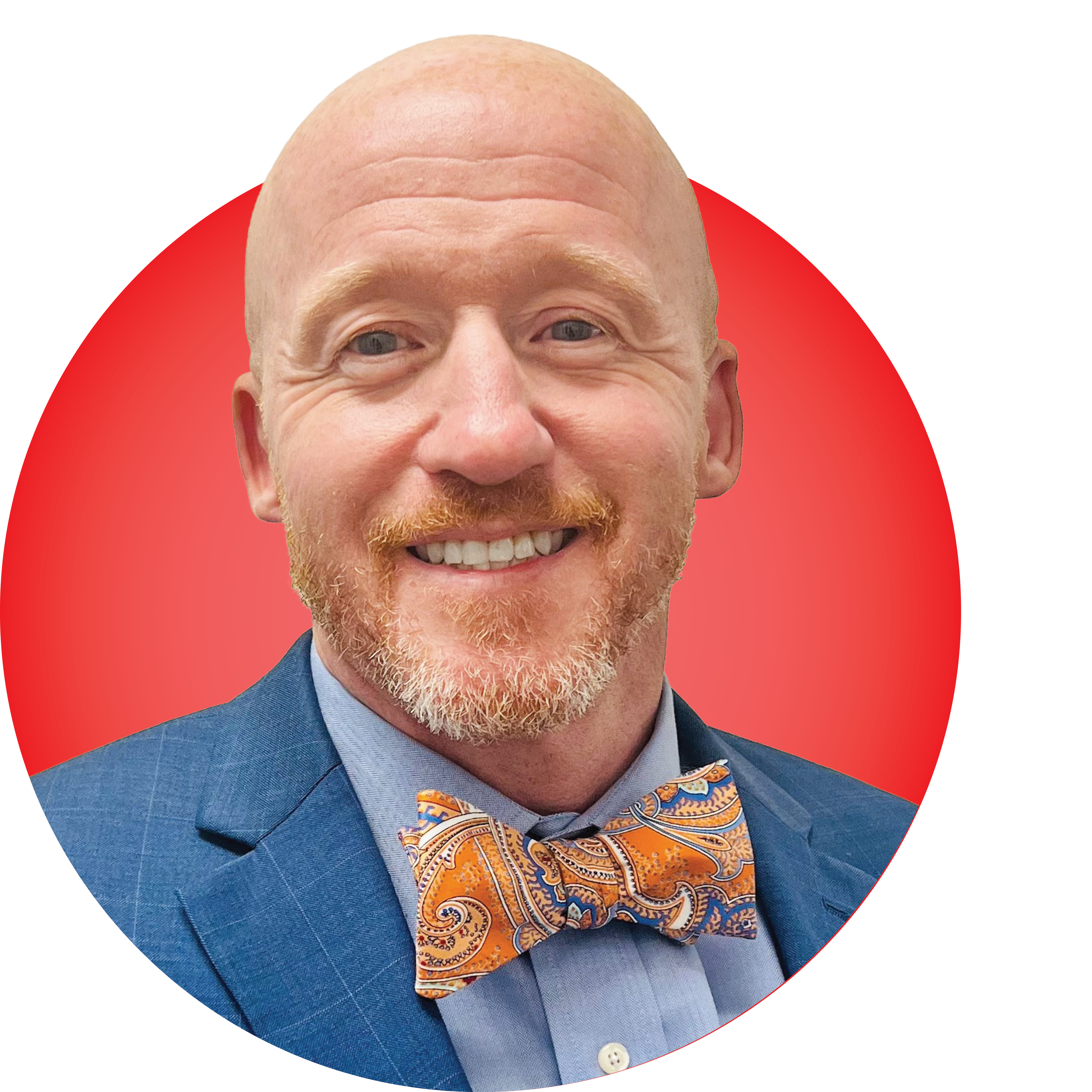 Headshot of Bill Slack on a red circular background.