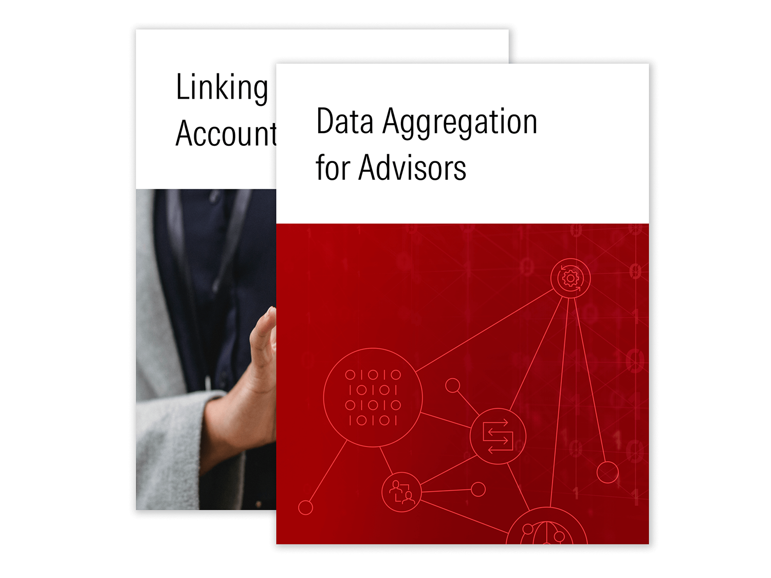The image displays two documents. The document in front has a red background with a white "play" icon on it and the title "Data Aggregation for Advisors". The document behind it is partially visible and titled "Linking Account".
