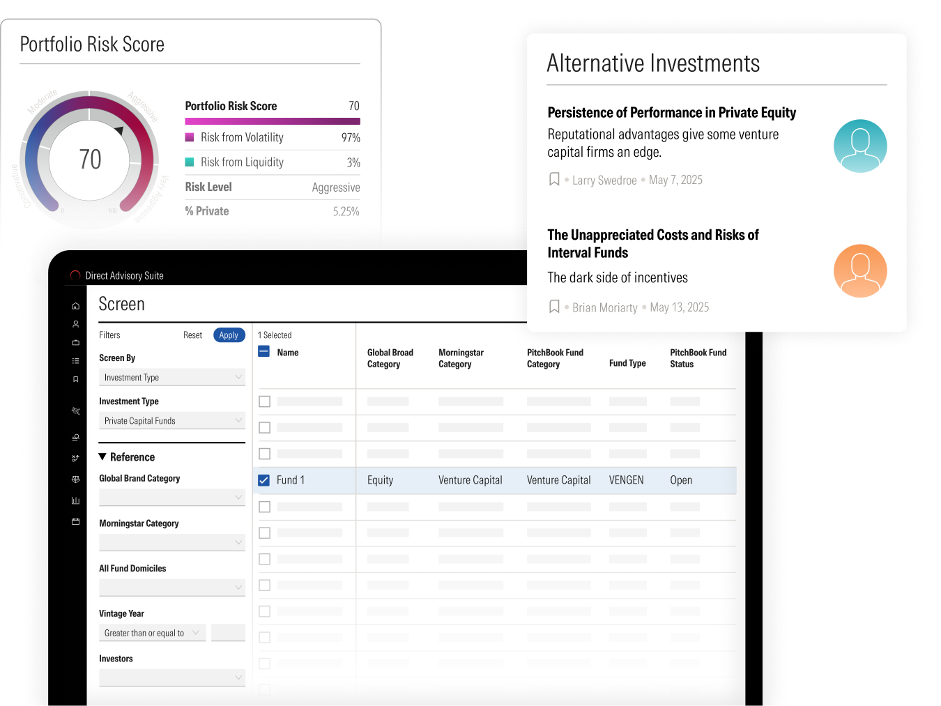 A multi-screen user interface showcasing an "Alternative Investments" dashboard, a "Direct Advisory Suite" screen, and a "Reference" panel.

The "Alternative Investments" dashboard highlights two articles: "Persistence of Performance in Private Equity" and "The Unappreciated Costs and Risks of Interval Funds."