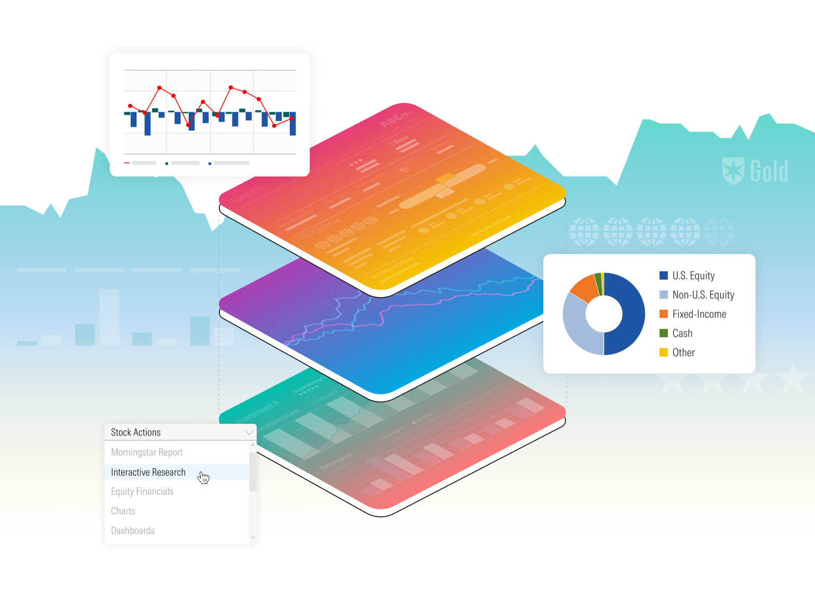 Illustration of product interface showing a sample asset allocation chart, Morningstar ratings, and interactive investment research.