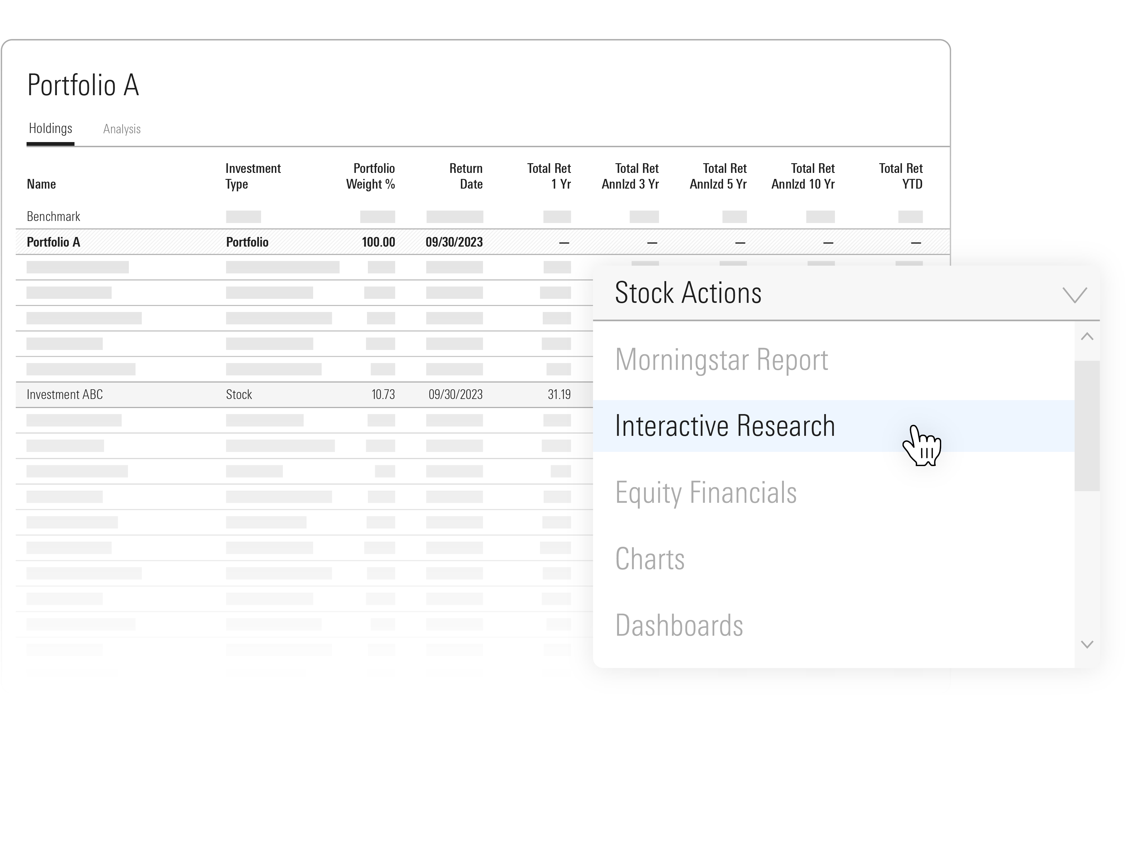 Illustration of a portfolio and a stock actions drop-down menu with options that include equity financials, charts, and dashboards.