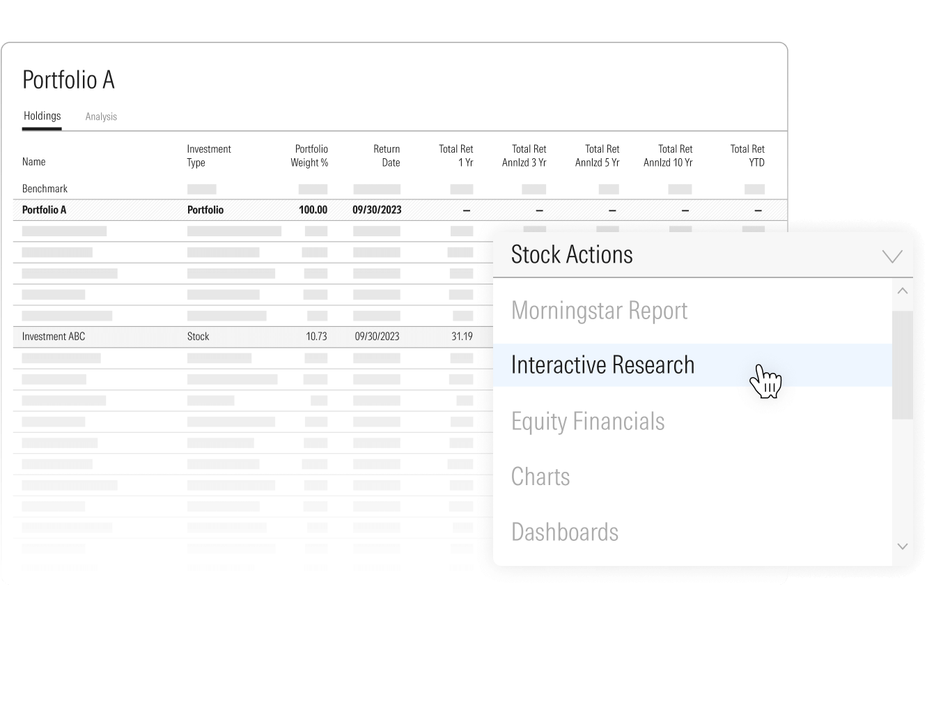 Illustration of a portfolio and a stock actions drop-down menu with options that include equity financials, charts, and dashboards.