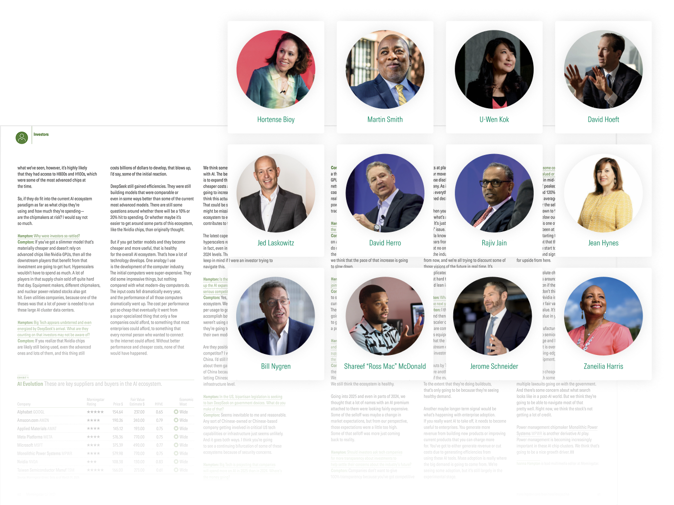 Headshots of magazine contributors from the investing industry: Hortense Bioy, Martin Smith, U-Wen Kok, David Hoeft, Jed Laskowitz, David Harro, Rajiv Jain, Jean Hynes, Bill Nygren, Shareef "Ross Mac" McDonald, Jerome Schneider, Zaneilia Harris