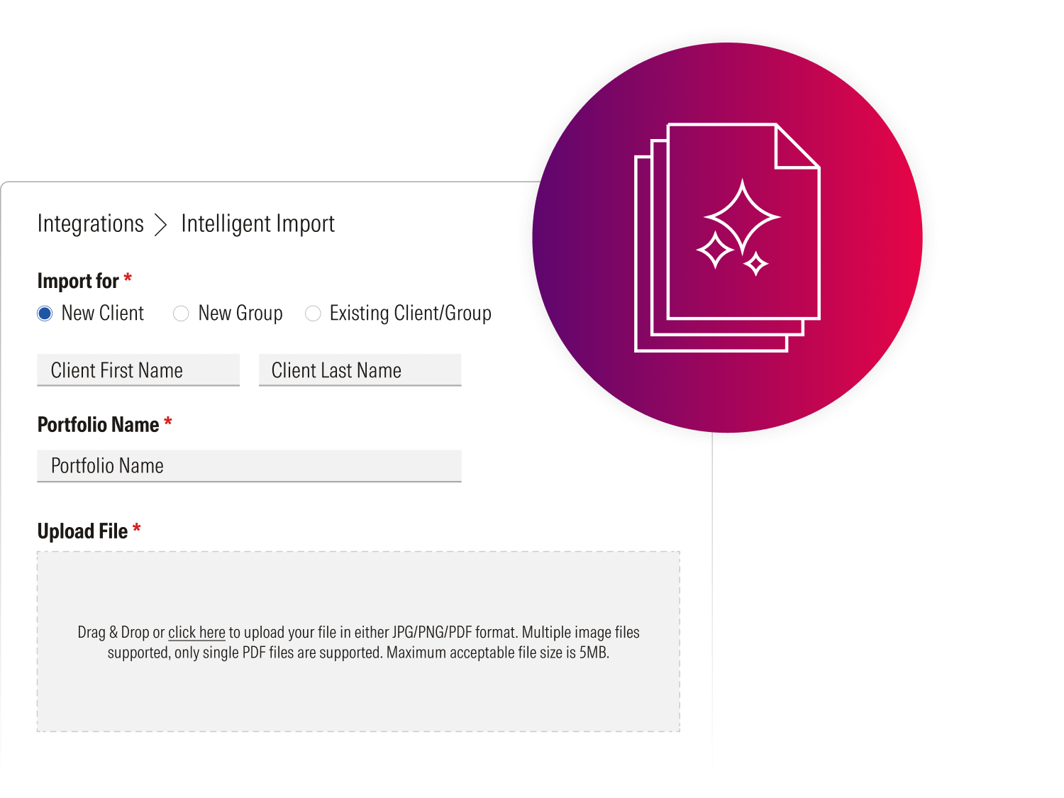 An illustration showing an intelligent import interface in Direct Advisory Suite.