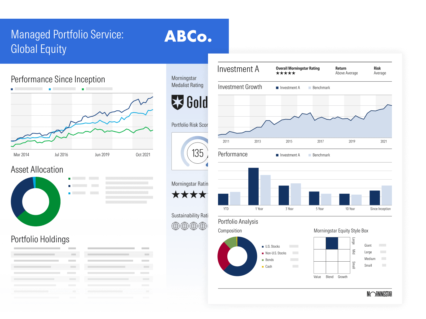 Sample report for a managed portfolio service, designed with the client's logo and brand colors.
