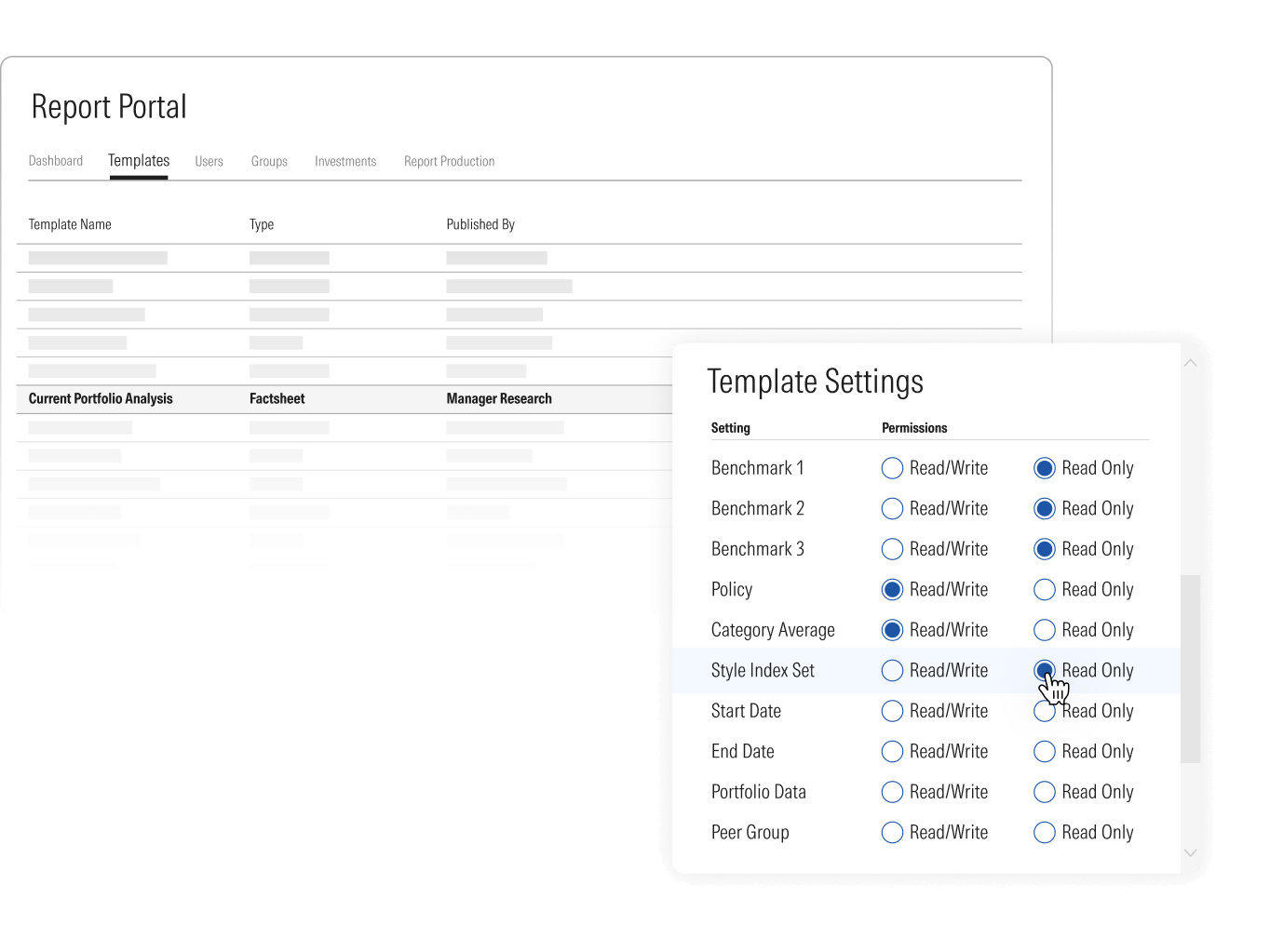 Illustration of template edit options, which help ensure compliance while giving advisors the freedom to run custom reports.