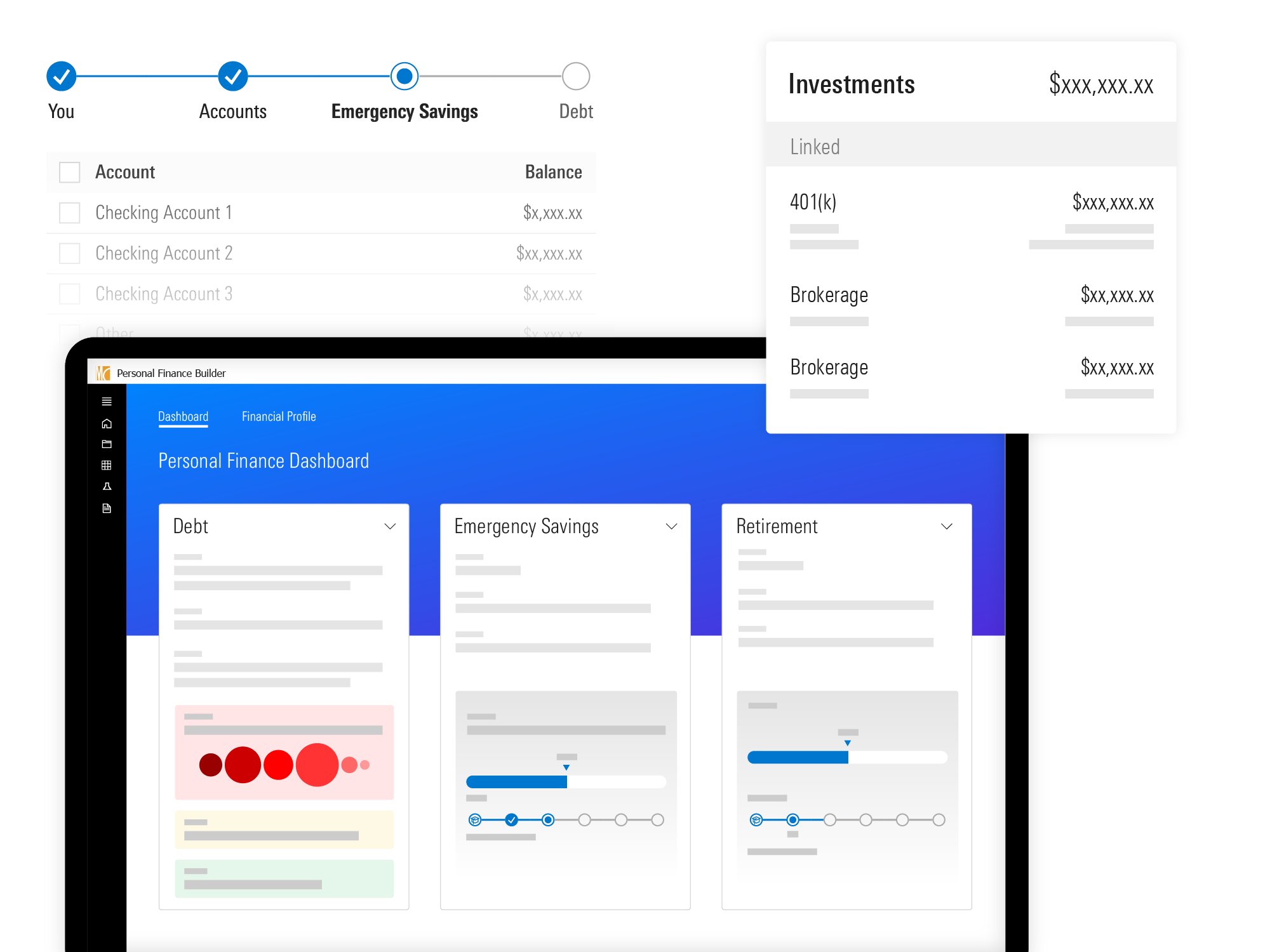 An illustration showing Personal Finance Builder interfaces, including an example investment statement and an emergency savings module.