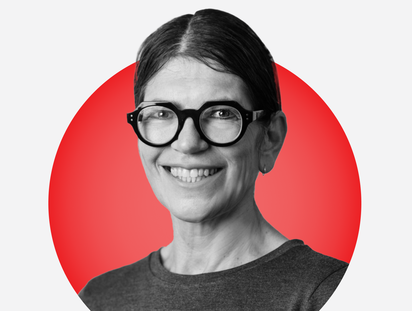 Headshot of Roseanne Howarth on a red circular background.