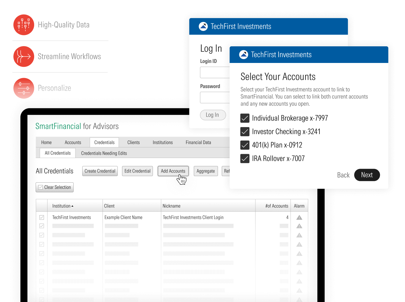 Visual showing an example open banking workflow, with heldaway investment accounts.