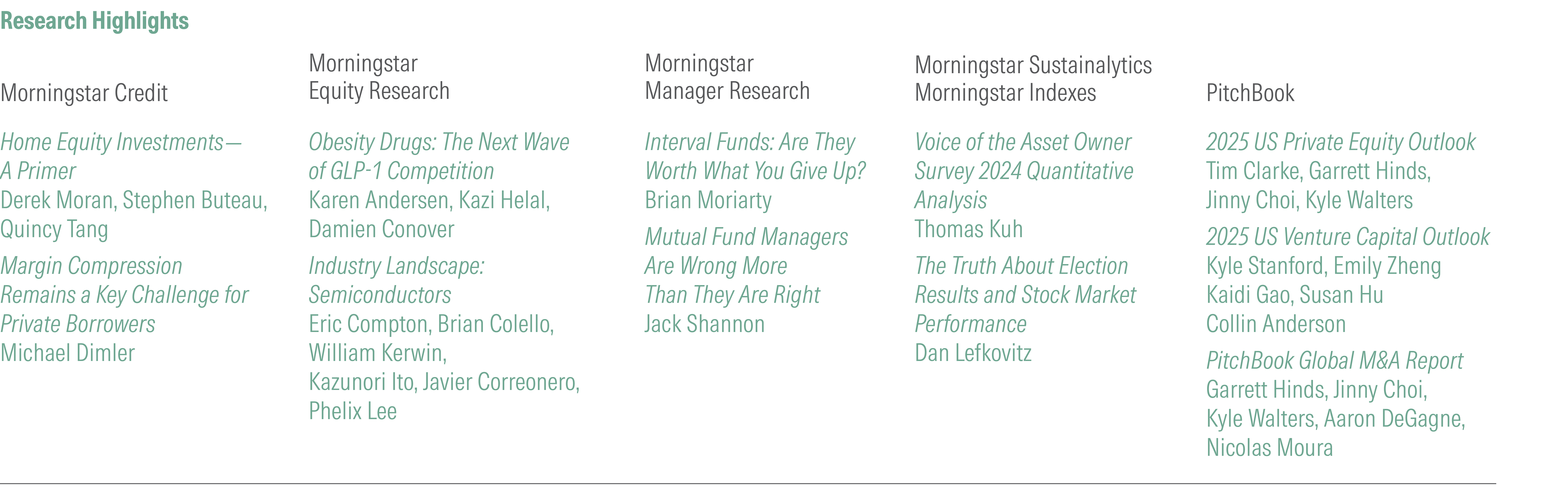 Recent Morningstar research highlights include reports on home equity investments, obesity drug stocks, interval funds, election results and stock market performance, US private equity, and more.