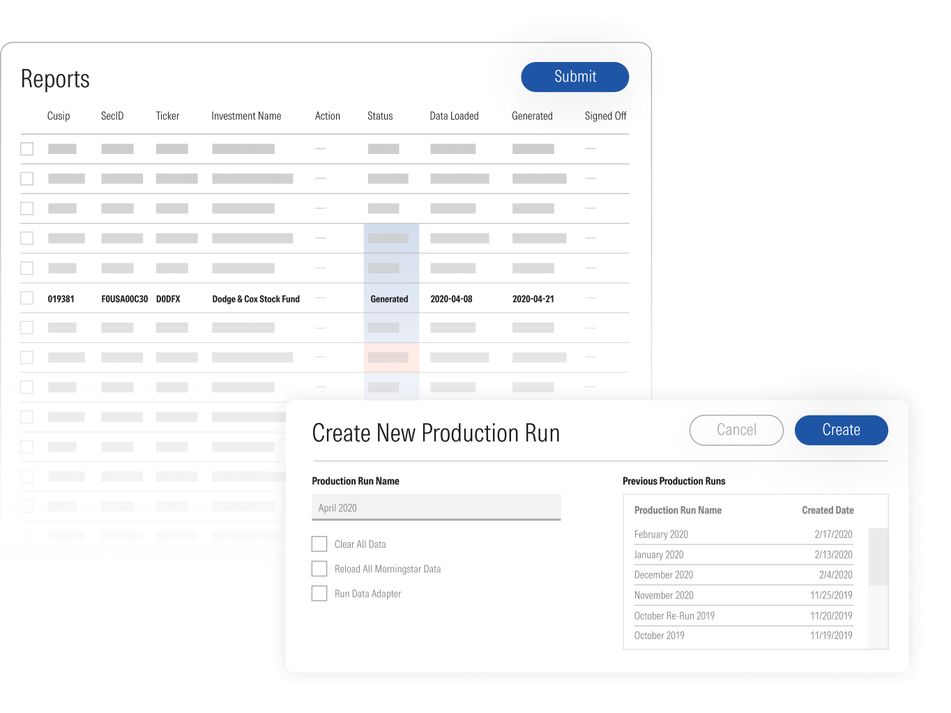 Illustration of reports dashboard and how to create a new production run.