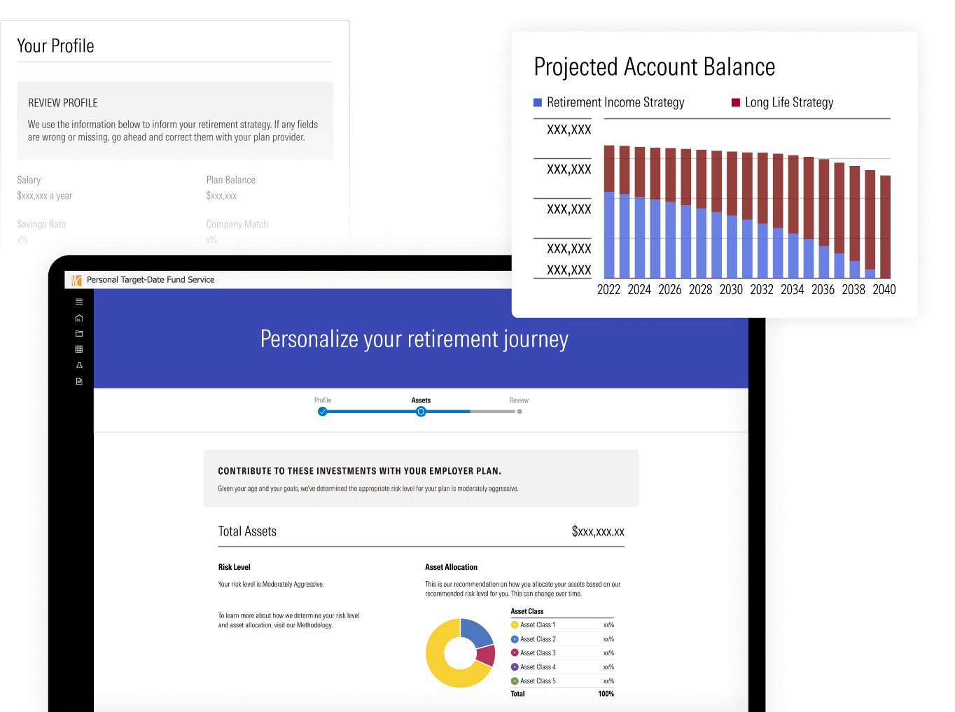 An illustration showing Personal Target-Date Fund Service interfaces, including a profile module and a graph of projected account balance.
