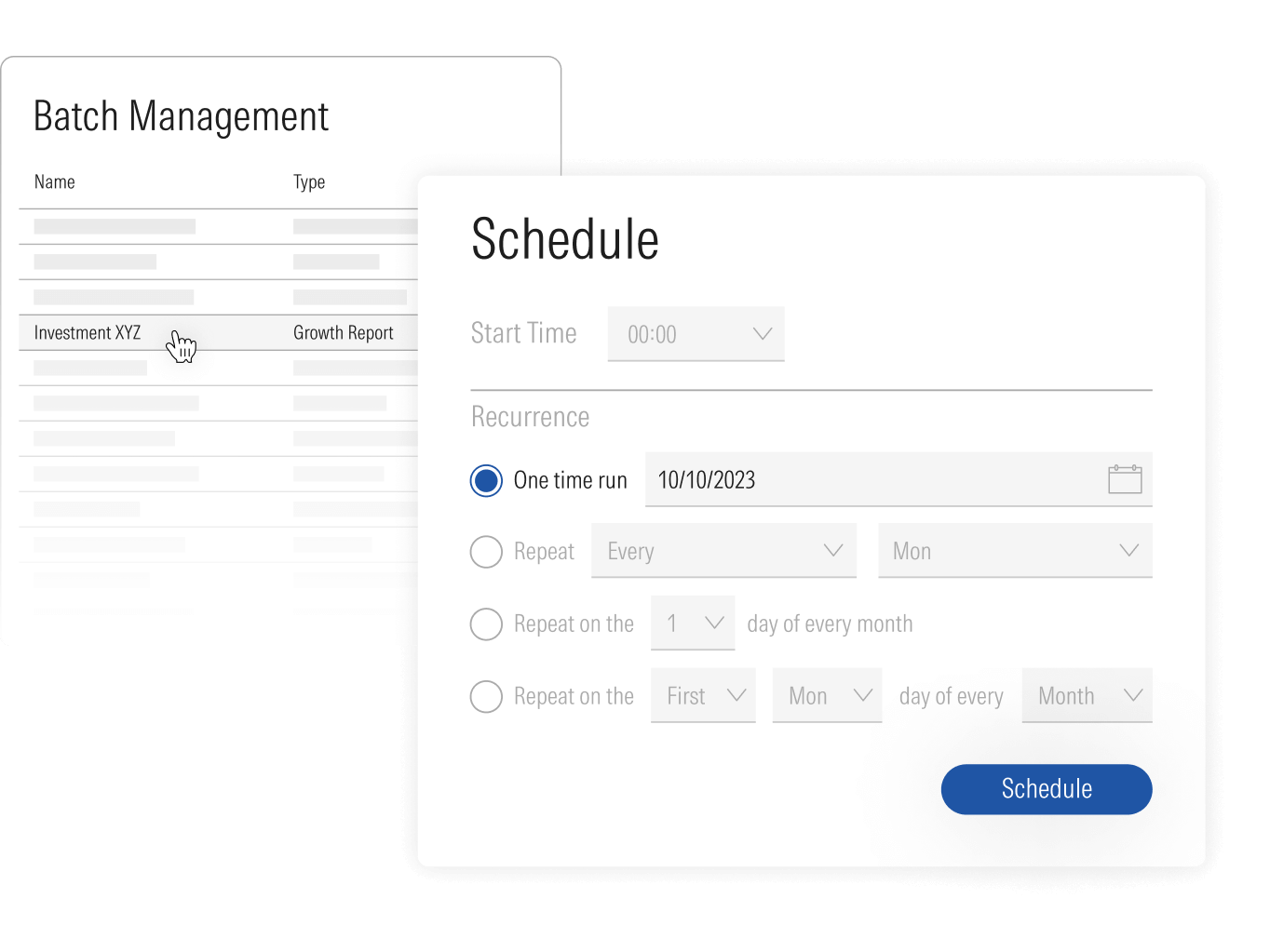 An illustration demonstrating the ability to schedule a report to run at a custom cadence in Morningstar Direct Presentation Studio.