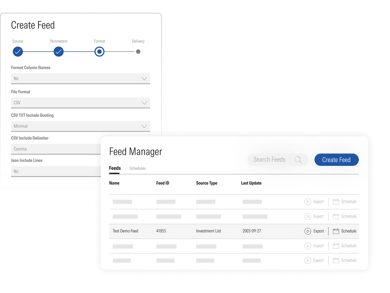 An illustration showing how to create a data feed and the feed manager view associated with Morningstar Licensed Data.