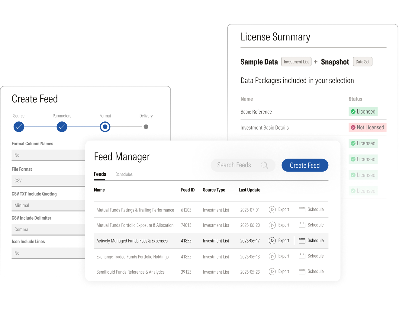 An illustration showing how to create a data feed and the feed manager view associated with Morningstar Licensed Data.