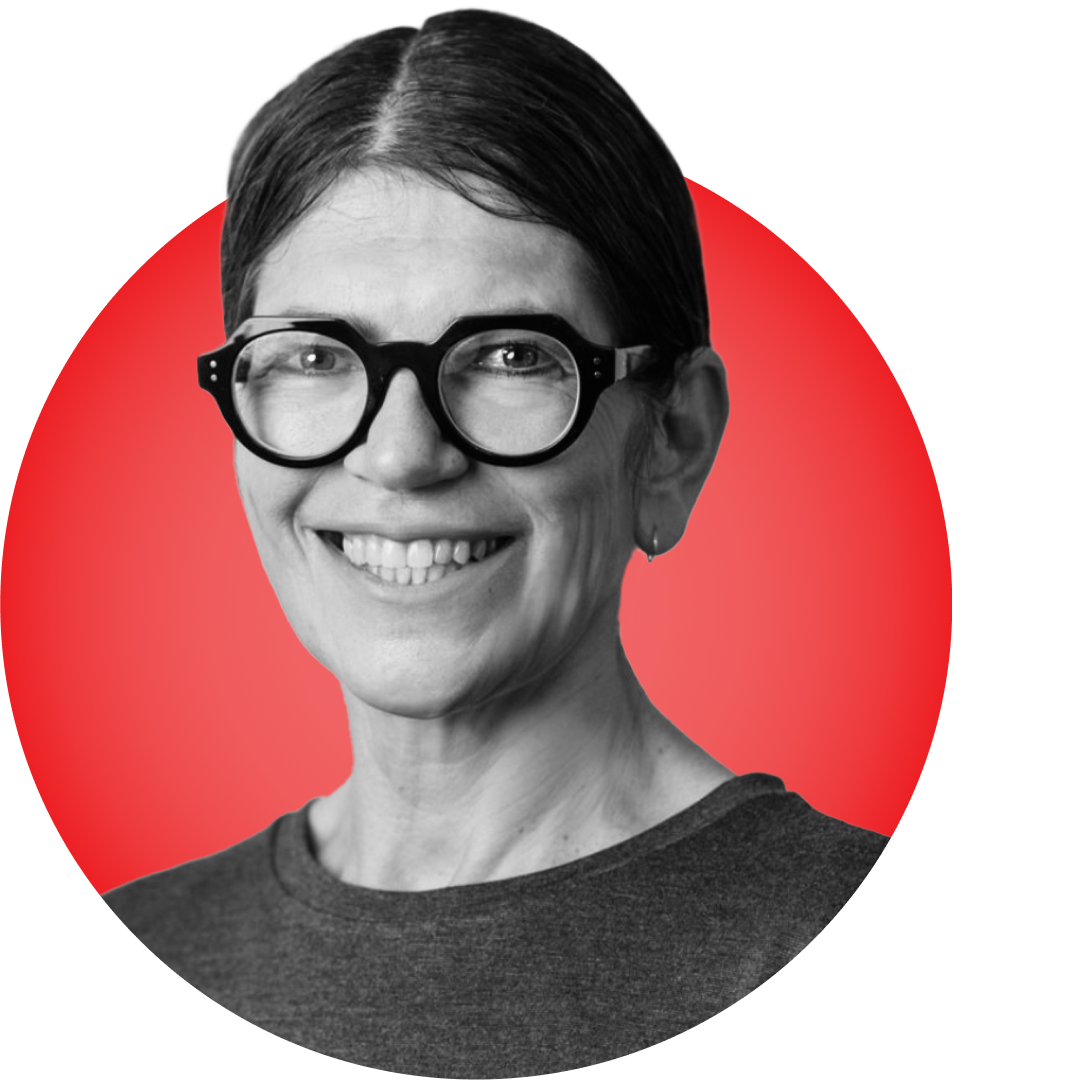 Headshot of Roseanne Howarth on a red circular background.