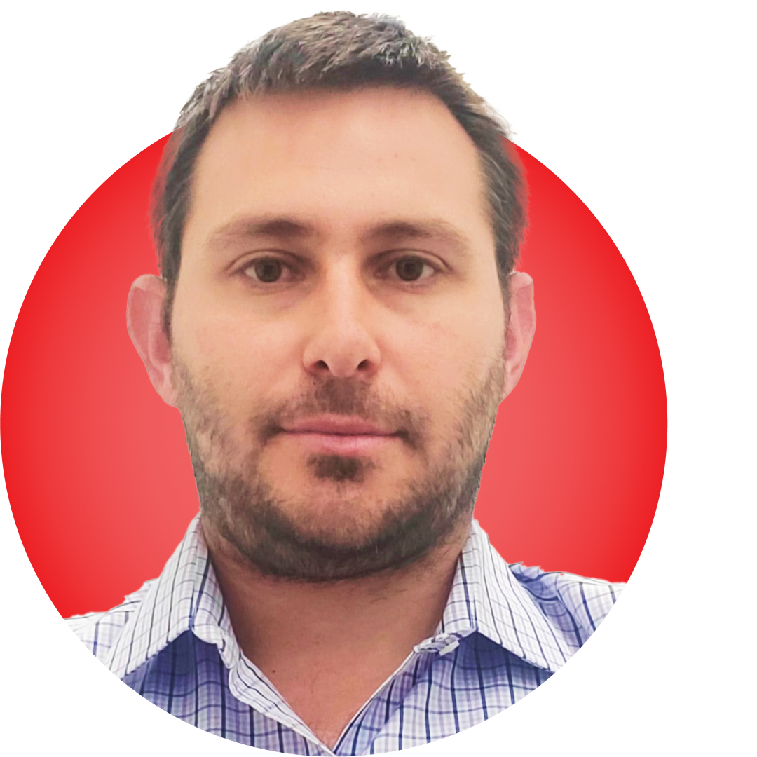 Headshot of Joseph Landesman on a red circular background.