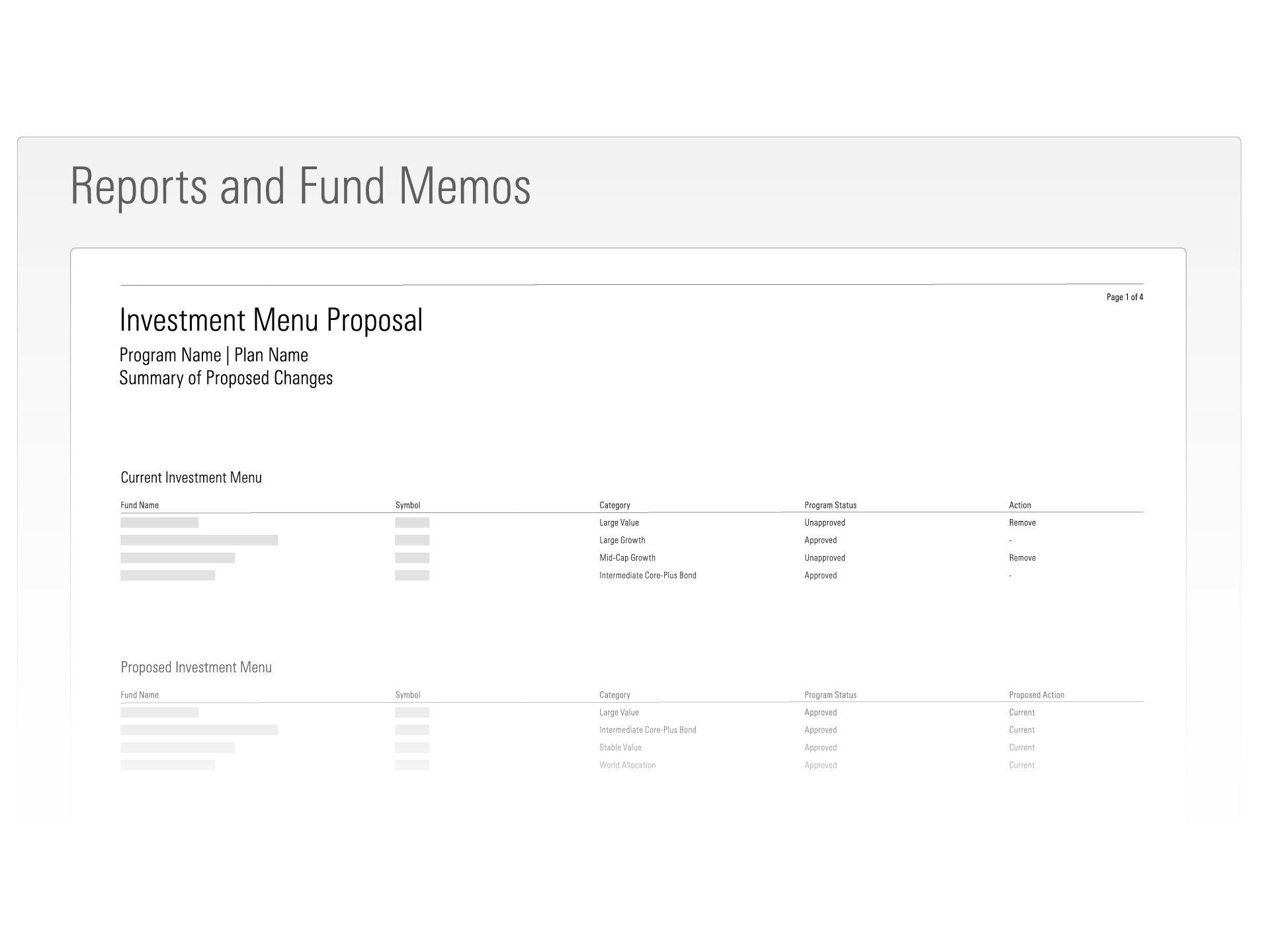 An illustration showing a reports and fund memos interface in Plan Advantage.