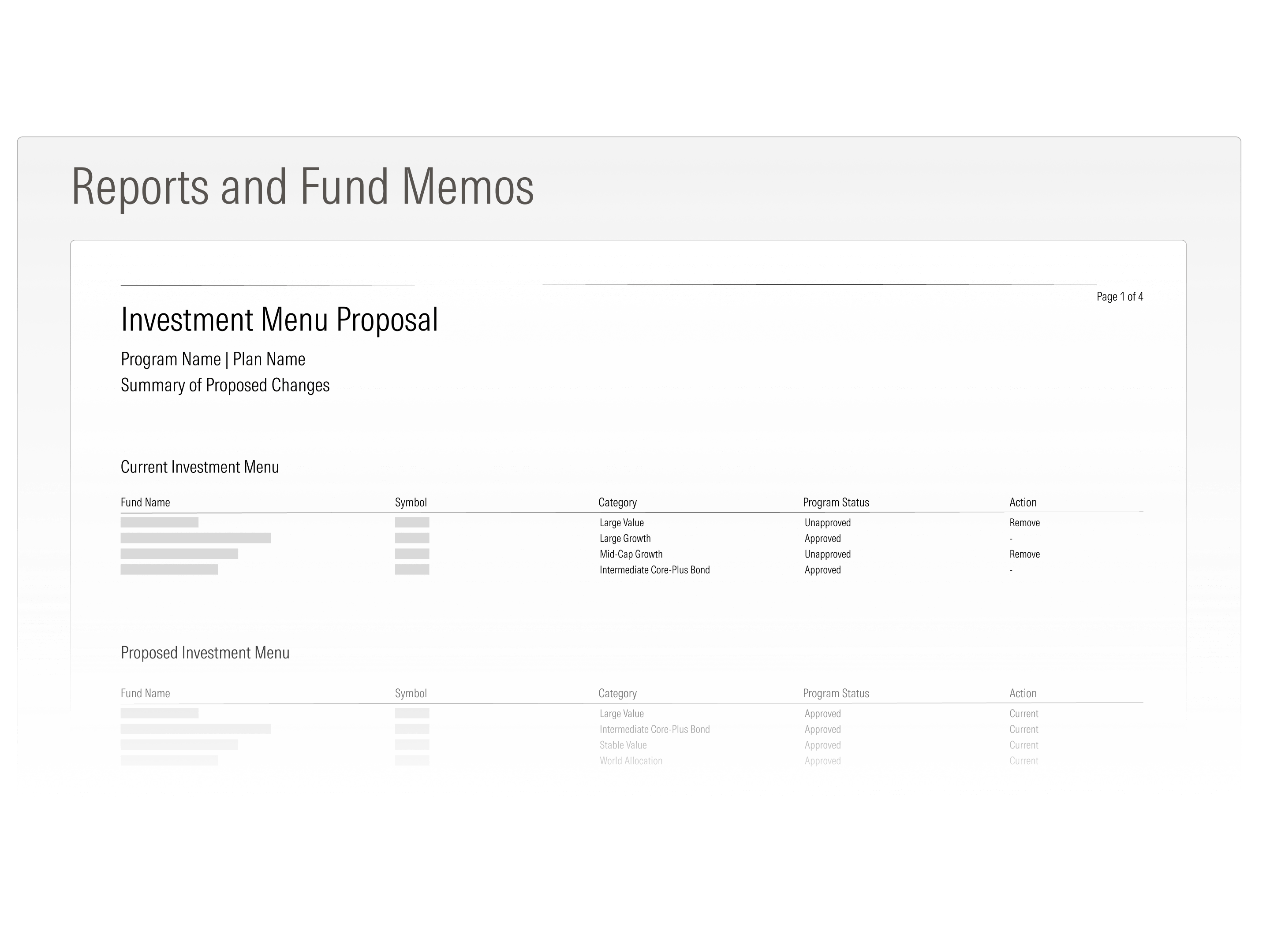 An illustration showing a reports and fund memos interface in Plan Advantage.
