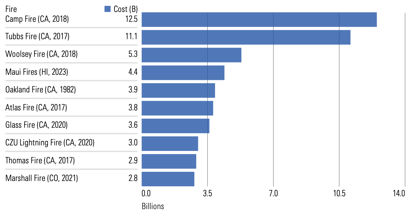 Bar graph showing the most expensive wildfires with majority occurring in California.