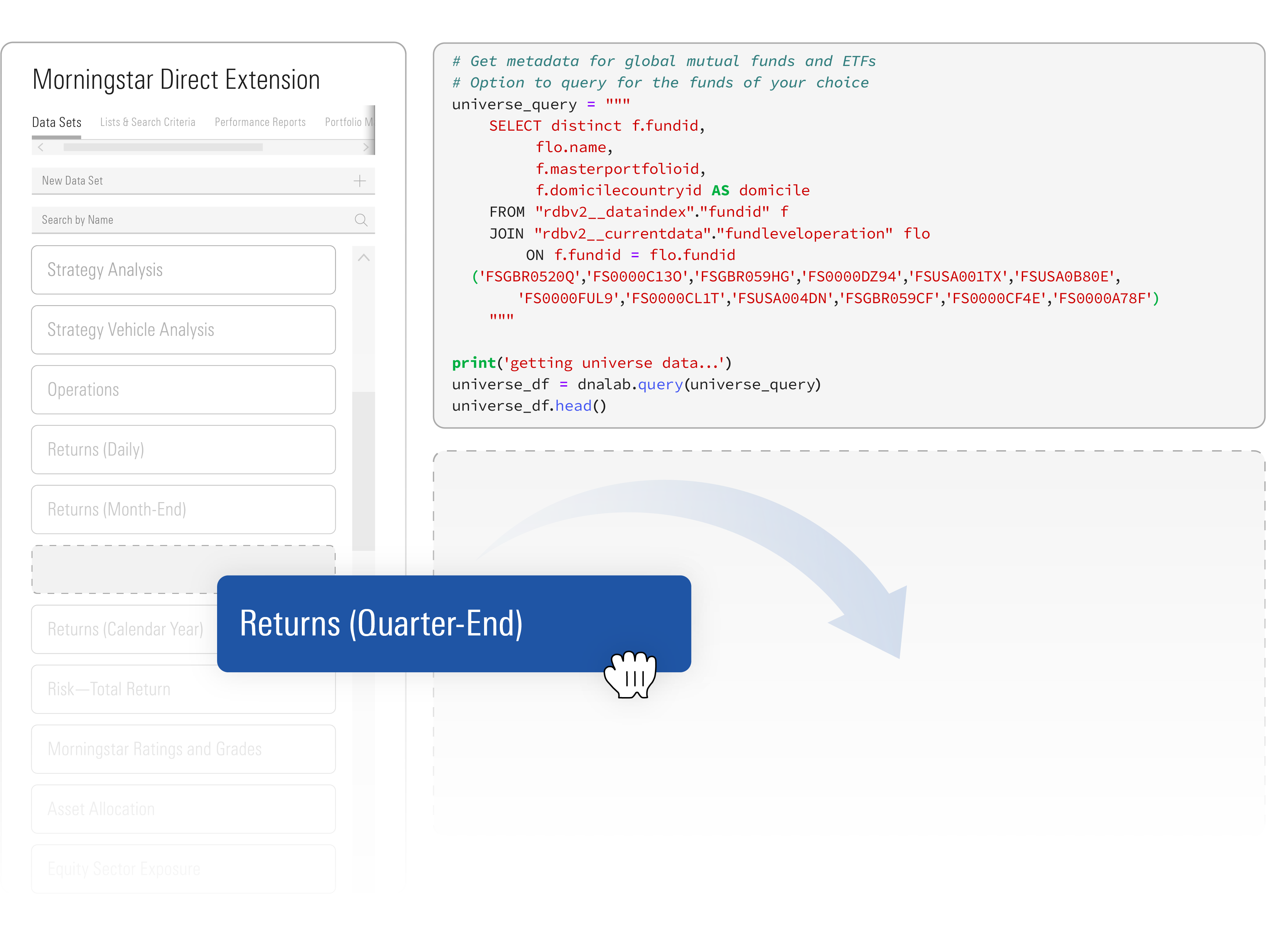 Drag-and-drop code snippets for faster investment analysis.