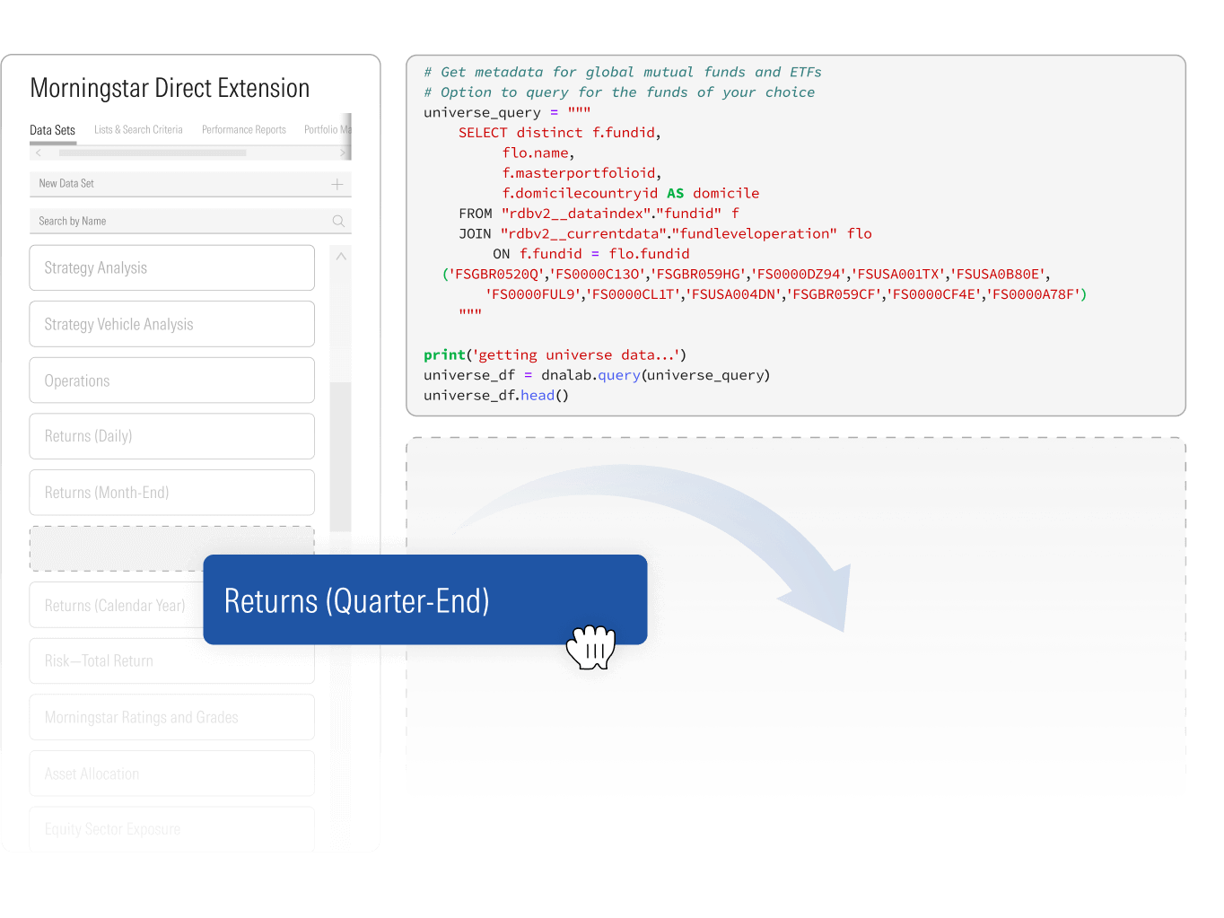 Drag-and-drop code snippets for faster investment analysis.