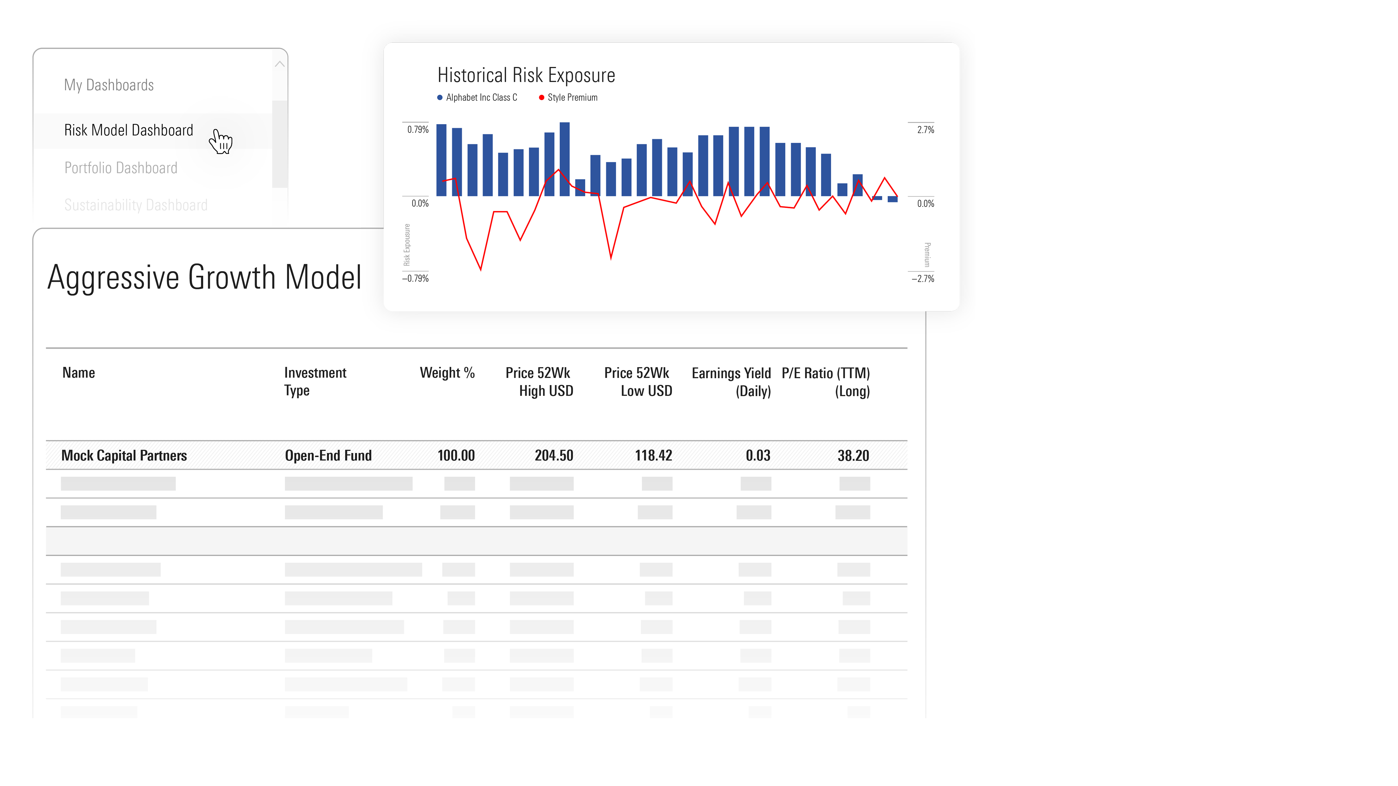 Illustrations of the Morningstar Direct application interface, showing a sample portfolio holdings analysis and historical risk exposure chart.