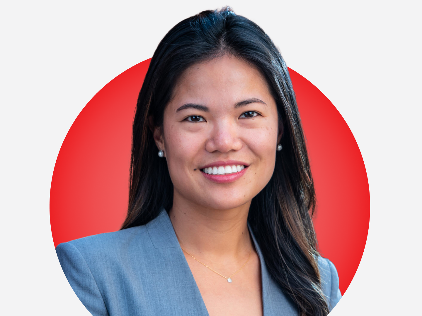 Headshot of Ling Wei Hew on a red circular background.