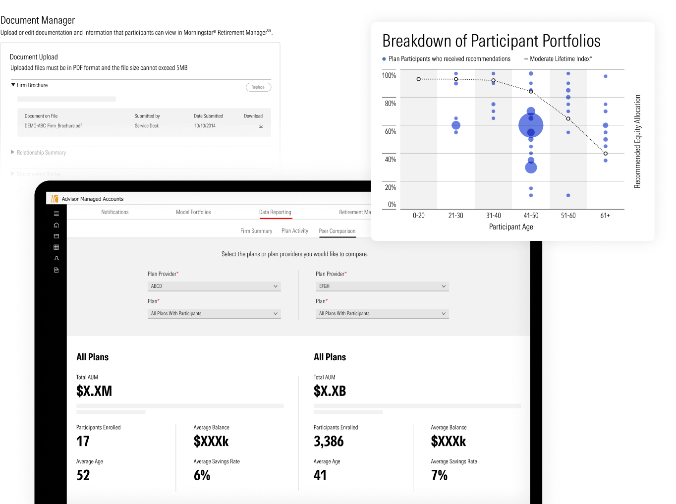 An illustration showing Advisor Managed Accounts interfaces, including an upload module of document manager and a graph of a breakdown of participant portfolios.