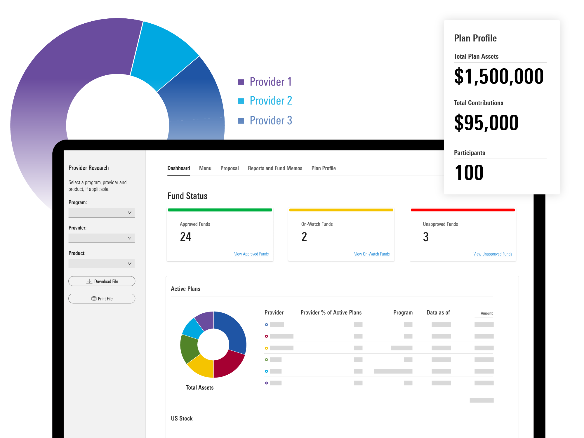 An illustration showing Plan Advantage interfaces, including a plan profile and a circle graph of providers.