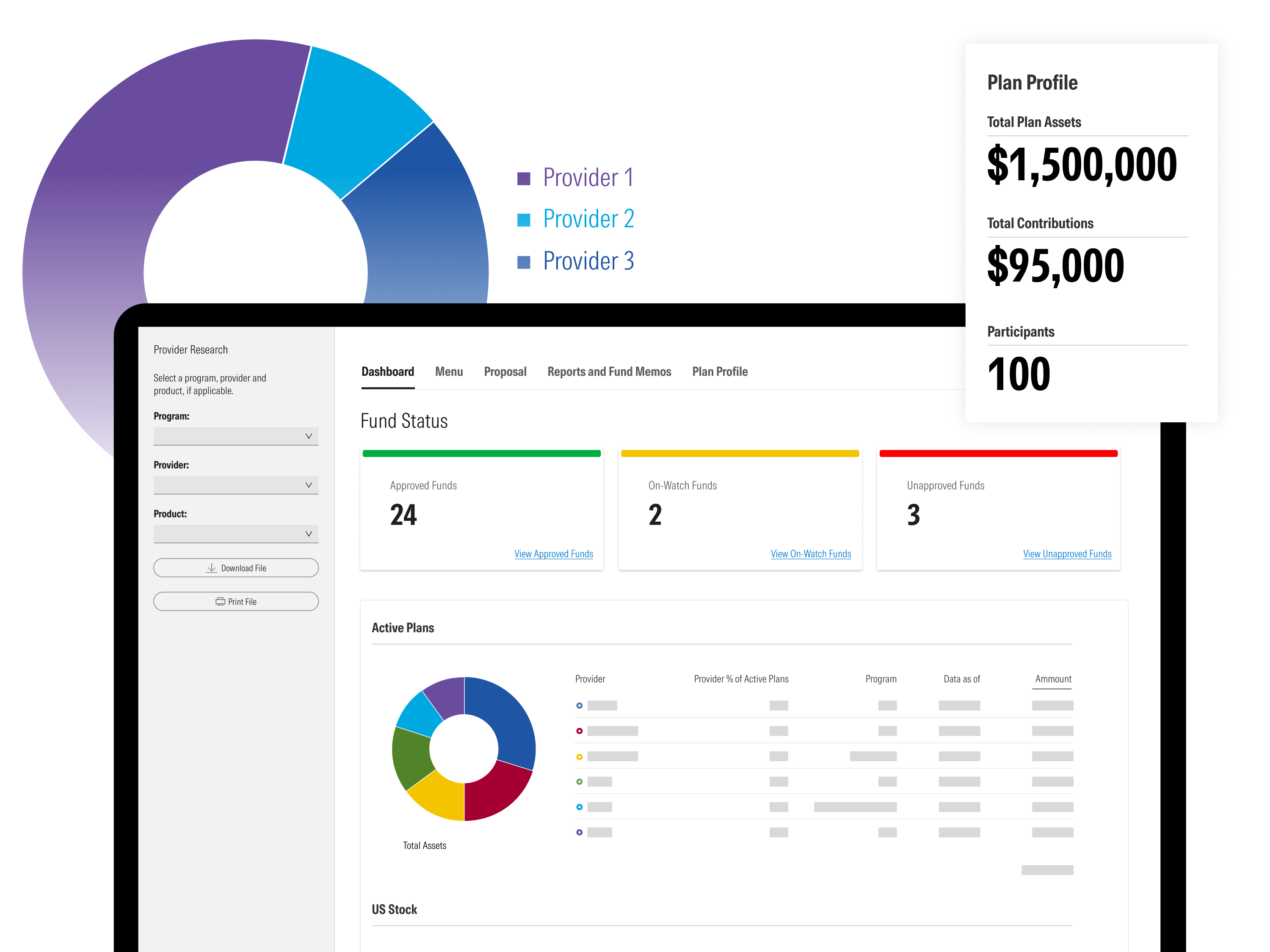 An illustration showing Plan Advantage interfaces, including a plan profile and a circle graph of providers.
