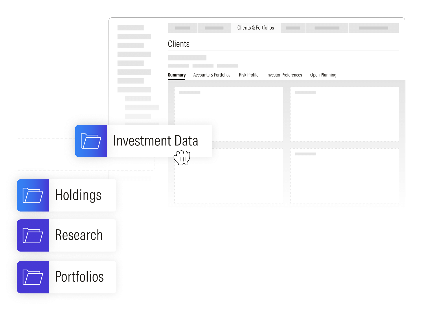 An illustration showing a client interface with information including investment data, holdings, research, and portfolios in Direct Advisory Suite.