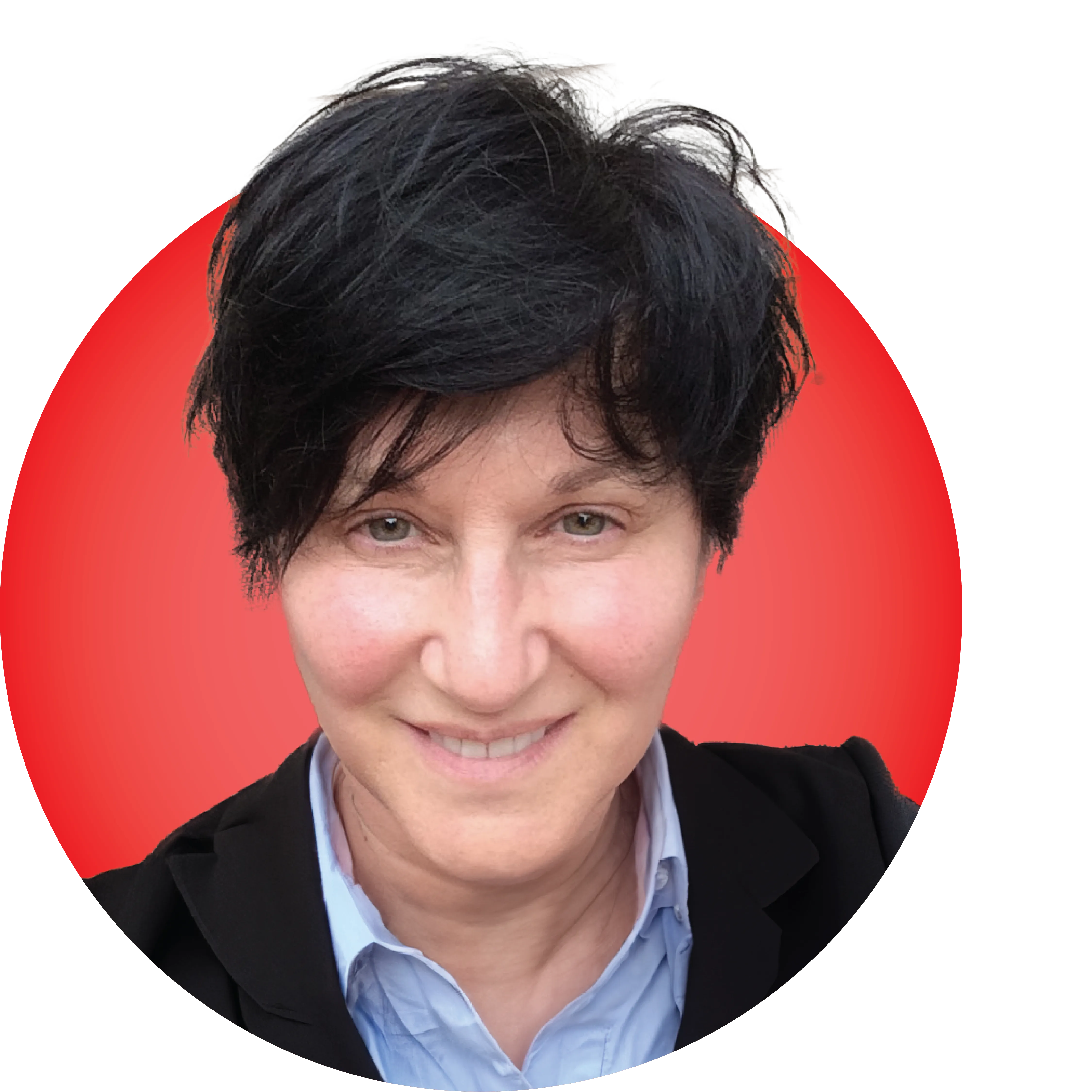 Headshot of Constance Viglas on a red circular background.